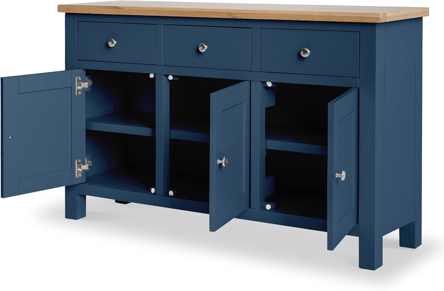 Navy Blue Sideboard Oak Top 3 Drawer Cupboard Cabinet for Living Room