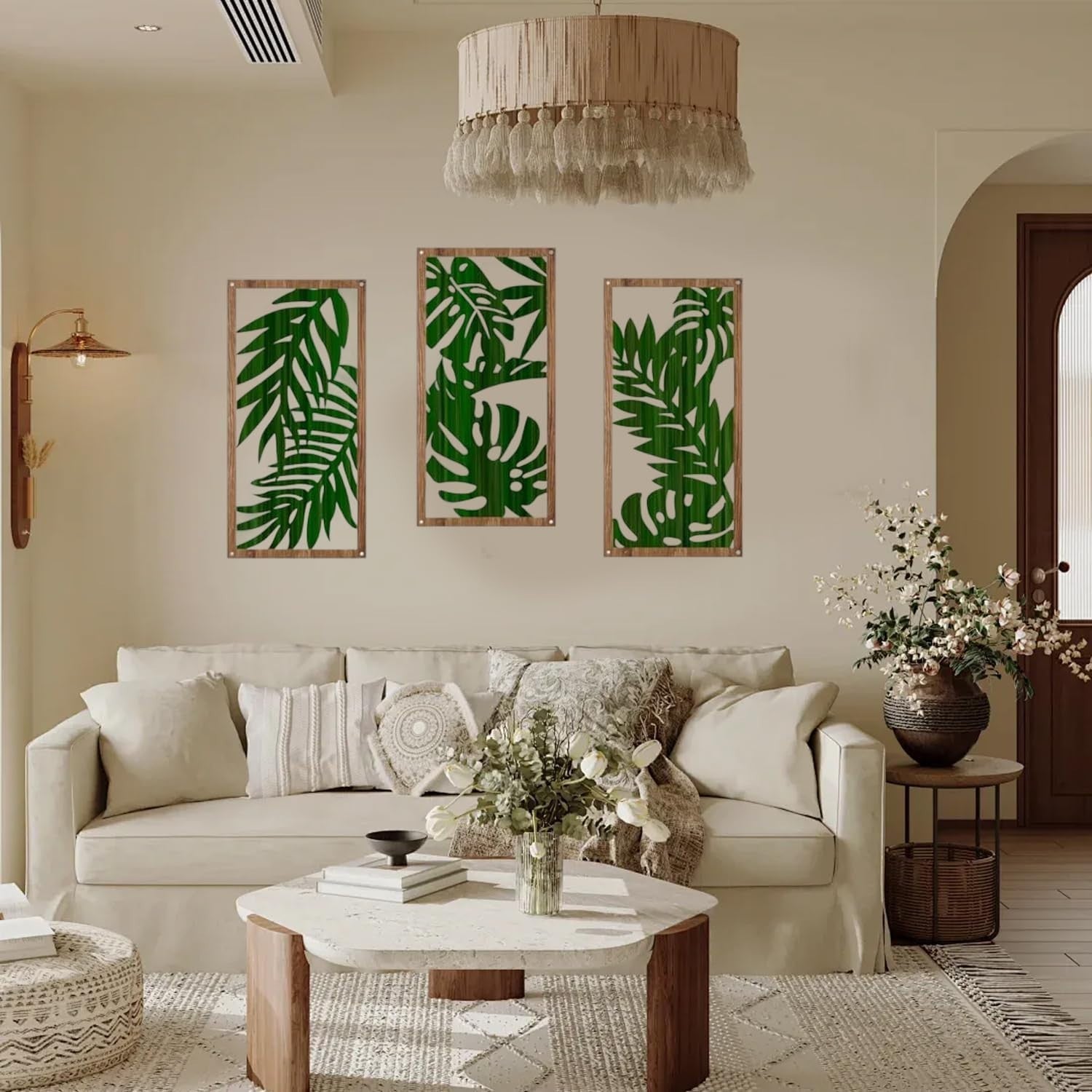 3PCS Wooden Boho Wall Art 30x15cm Geometric Leaf Wall Decor