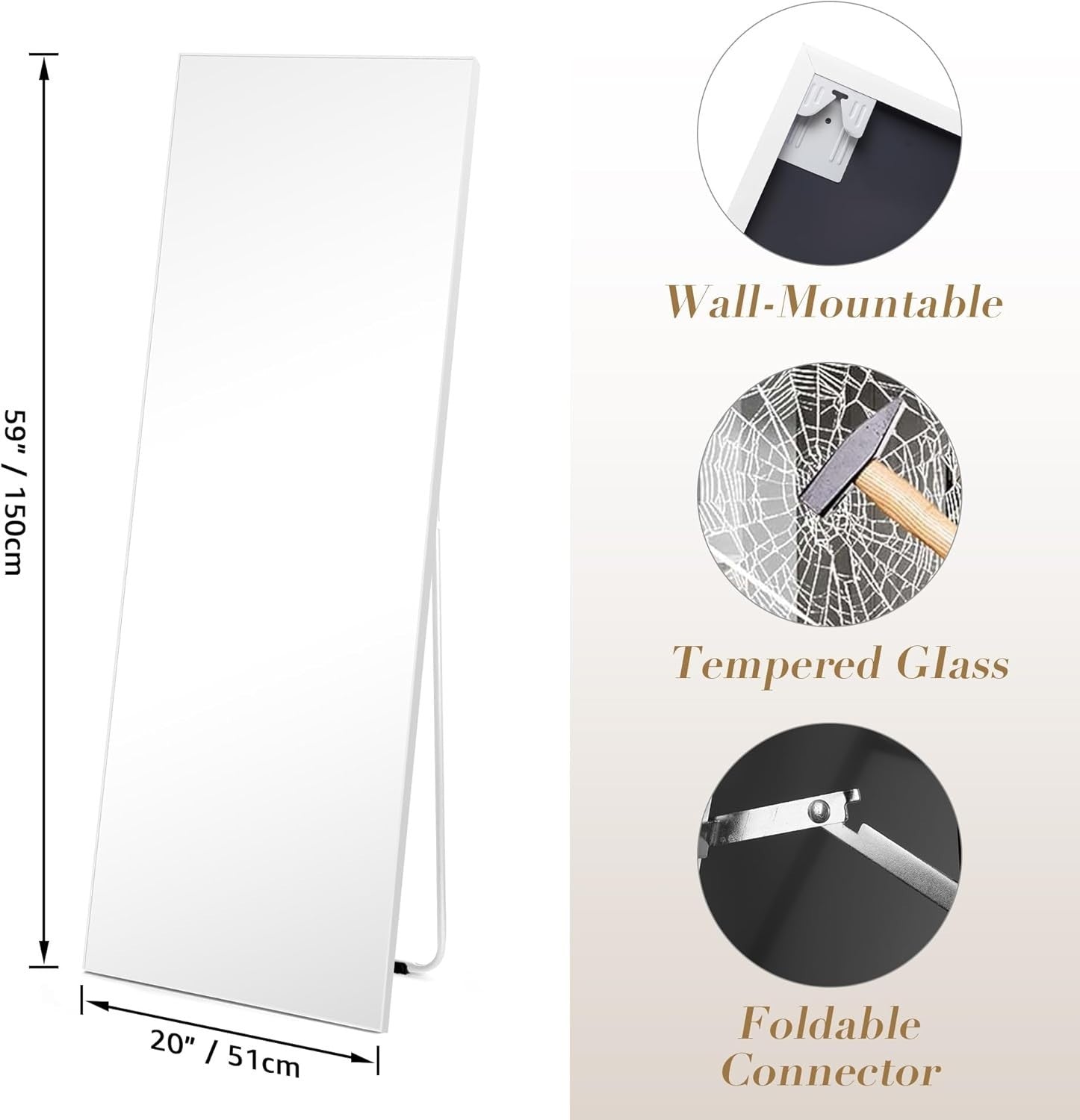 Full Length Mirror 150x51cm Wall Mounted Free Standing Modern White