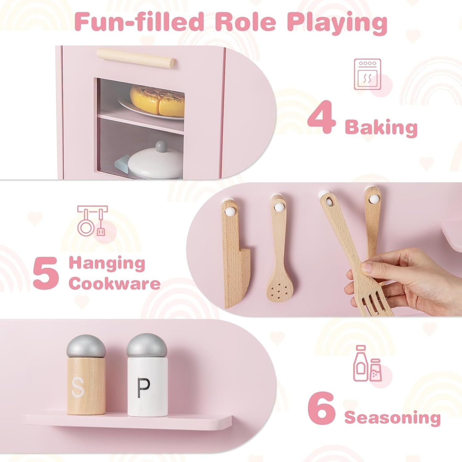 Wooden Kids Play Kitchen Pink Lights Sounds Oven Chef Toy Set