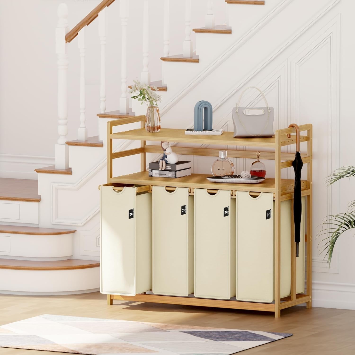 200L 4-Section Laundry Sorter Bamboo Frame Beige With Shelf Removable Bags