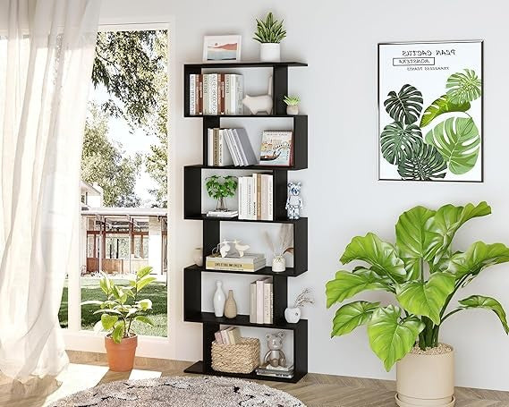 6-Tier S-Shaped Bookshelf Black | Tall Modern Display Shelf Unit for Home Office