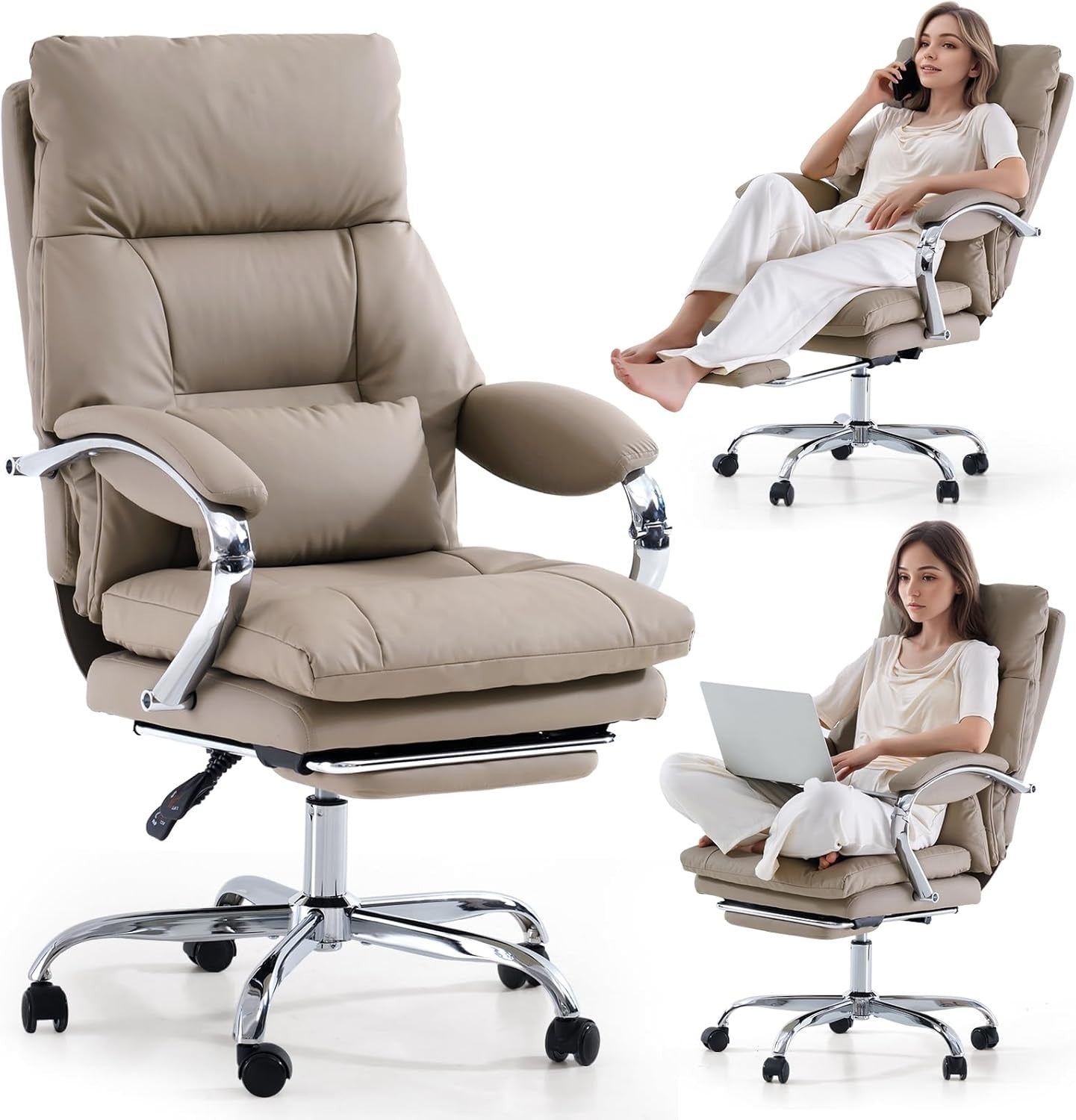 Khaki High Back Office Chair Reclining Executive Desk Chair w/Footrest Pillow