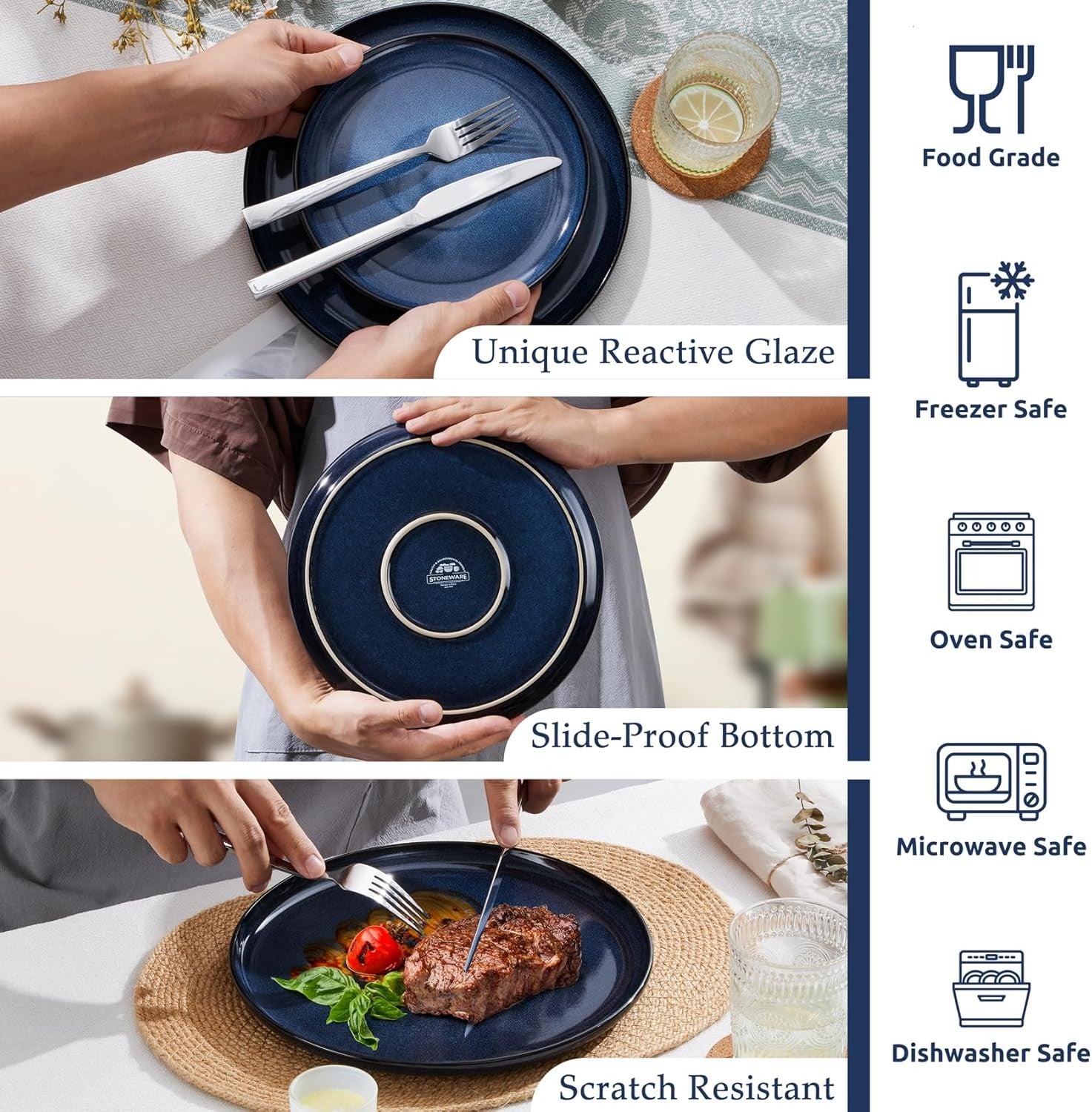 12pc Stoneware Dinner Set Midnight Blue Plates Bowls Reactive Glaze