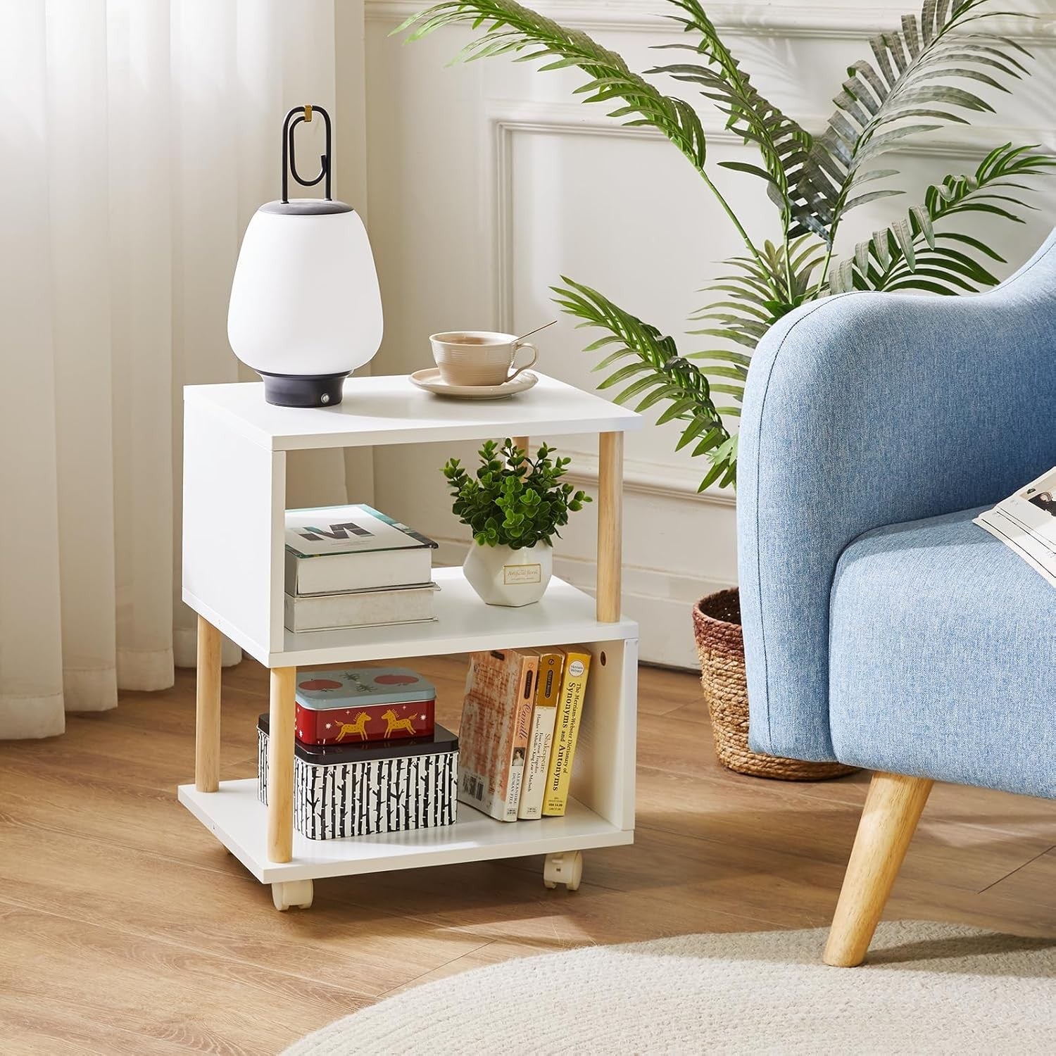 White 3-Tier Bedside Table with Wheels, Narrow Side Table for Small Spaces