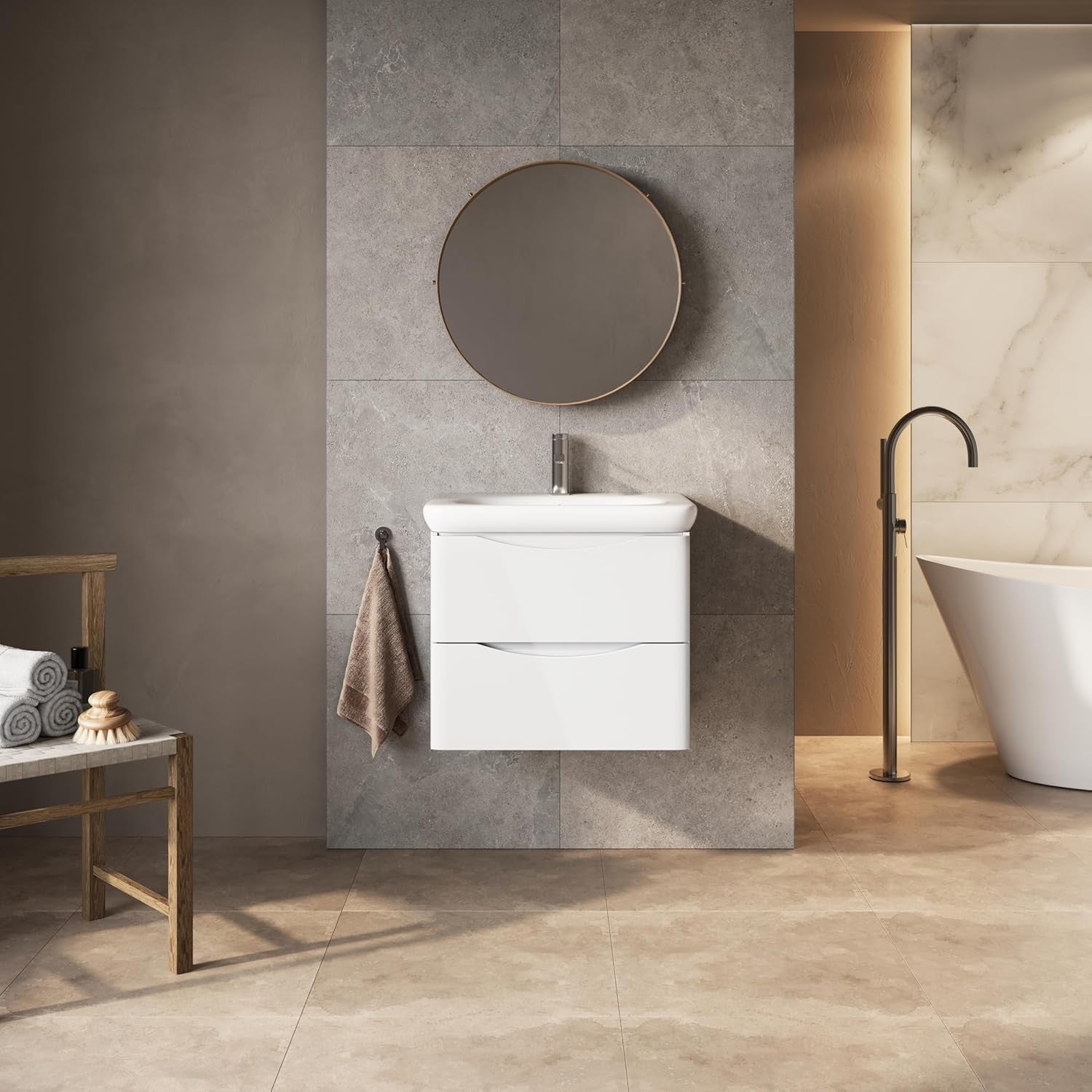 600mm Wall Hung Vanity Unit with Basin White Gloss Floating Bathroom Storage
