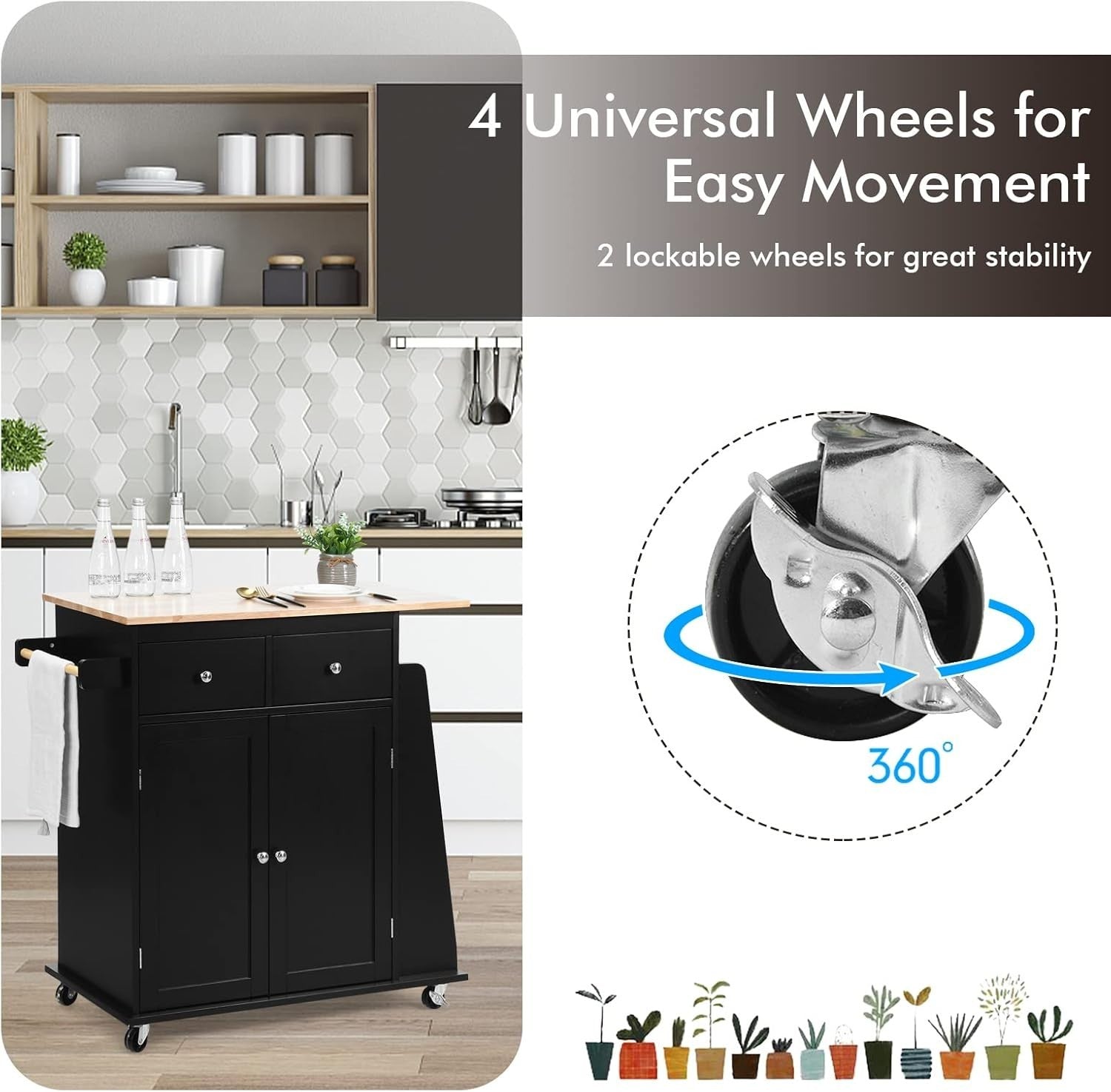 Mobile Kitchen Island Cart with Rubber Wood Countertop, Lockable Wheels Black