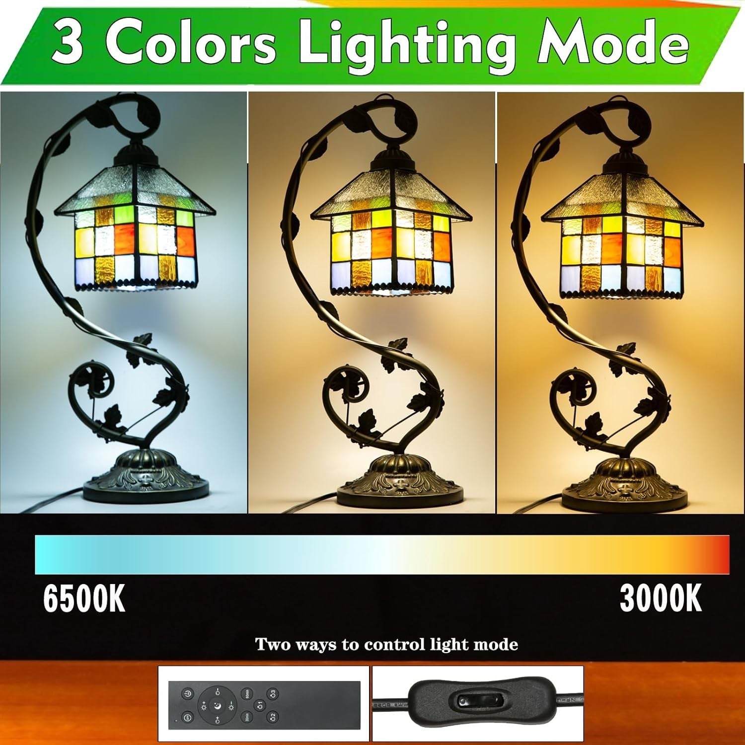 Adjustable Stained Glass Table Lamp with Remote, Dimmable & LED Bulb