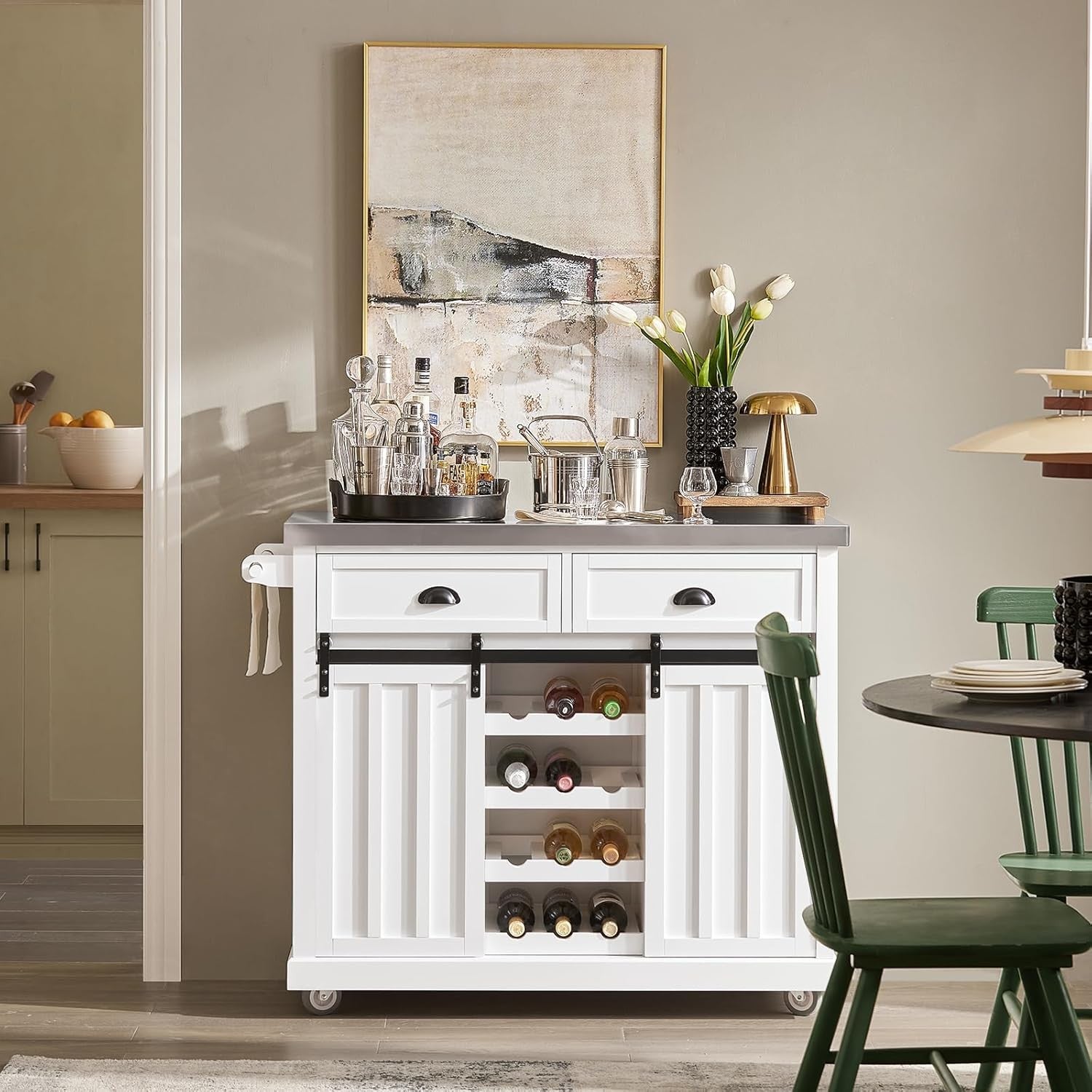 Kitchen Island Trolley Stainless Steel Top Storage Cabinet Wine Rack