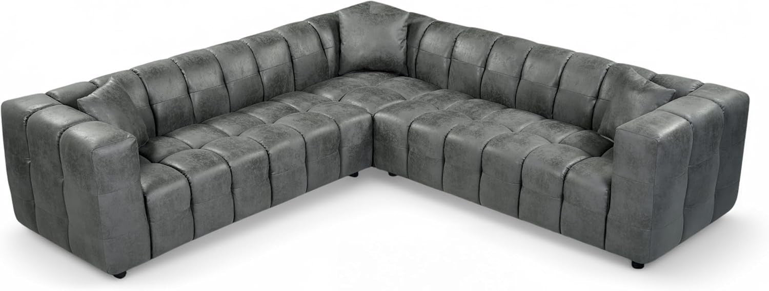 Grey Faux Leather 5 Seater L Shaped Corner Sofa – Deep Seats + Cushions
