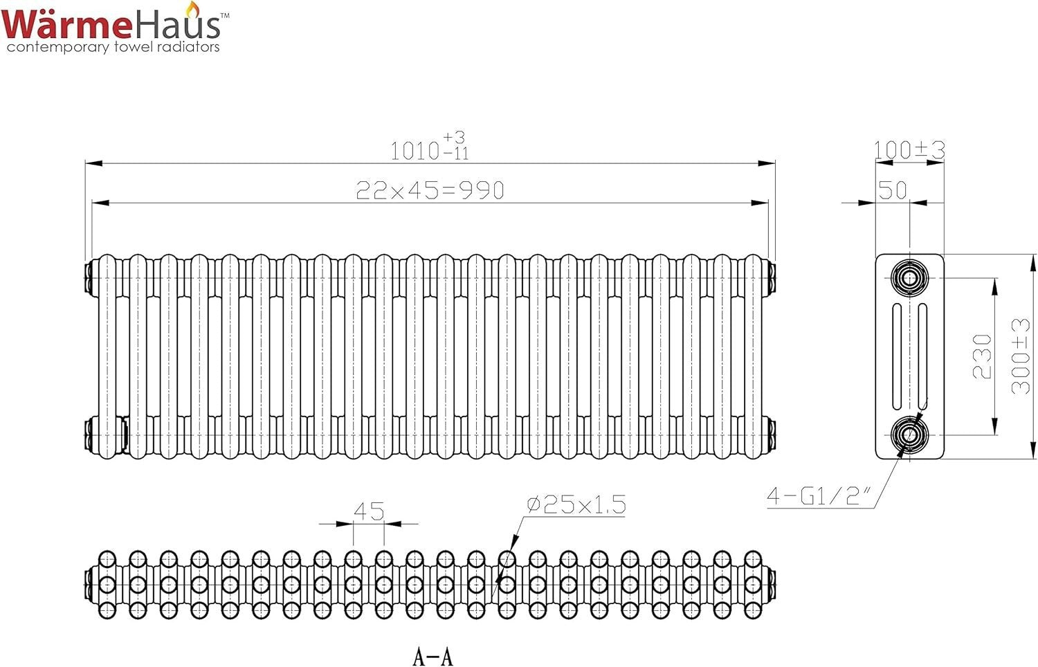 Triple Column Horizontal Radiator 300x1190mm White Cast Iron Style
