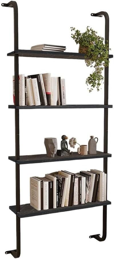 Wall Mounted 4-Tier Bookshelf with Metal Frame Modern Space-Saving Storage Rack