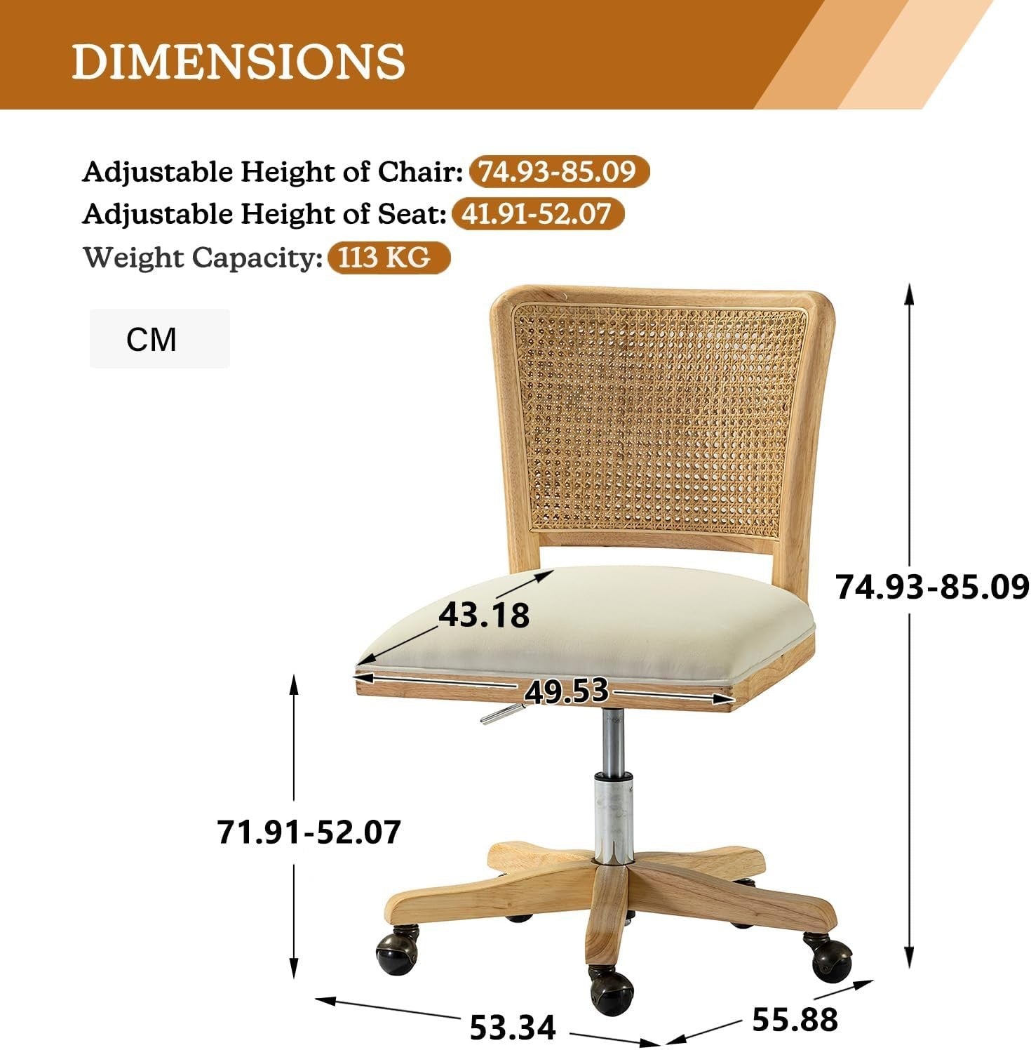 Beige Swivel Office Chair Adjustable Height Upholstered Rattan Desk Seat