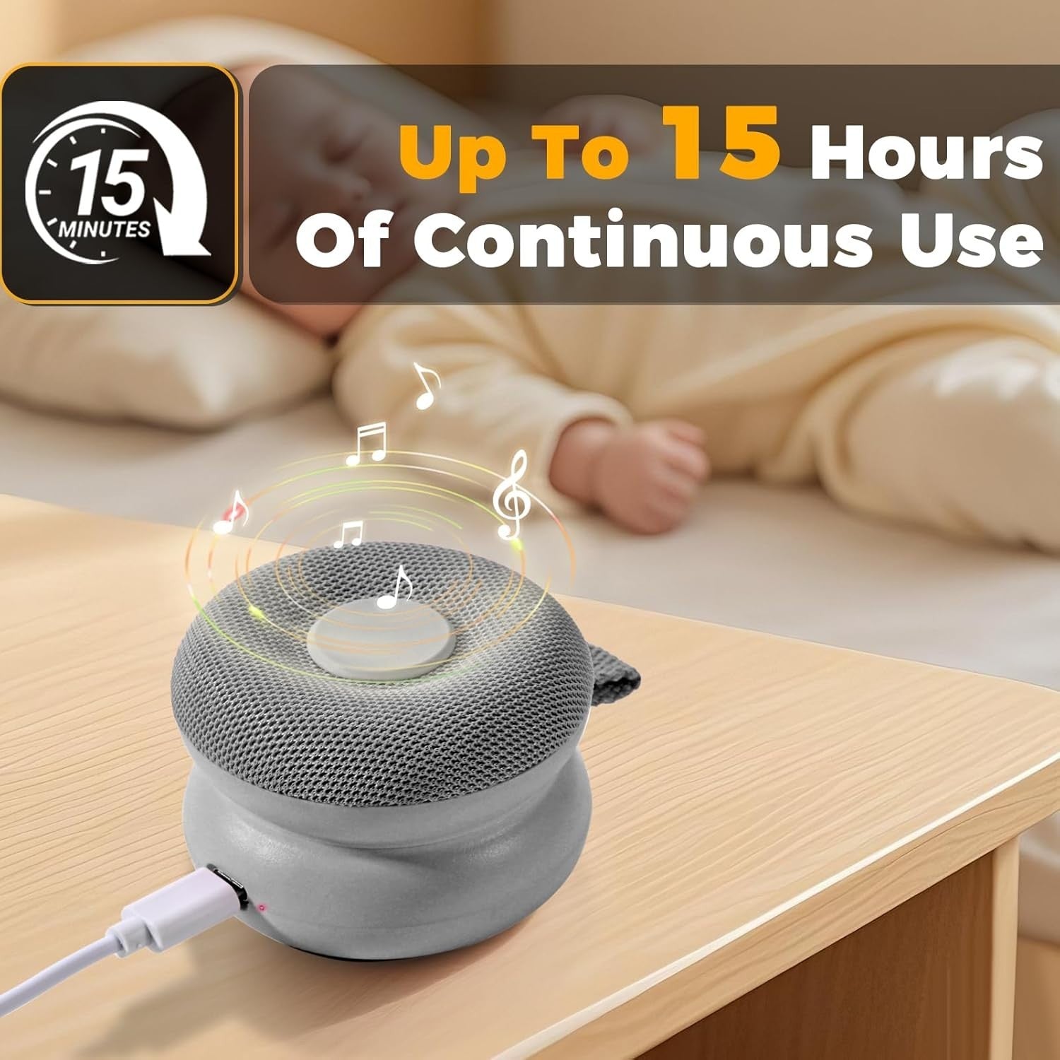Portable Baby White Noise Sound Machine 15 Soothing Sounds Grey