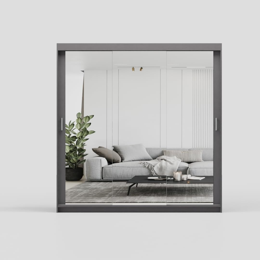 Grey Sliding Mirror Wardrobe 200cm 4 Drawers Modern Bedroom Storage