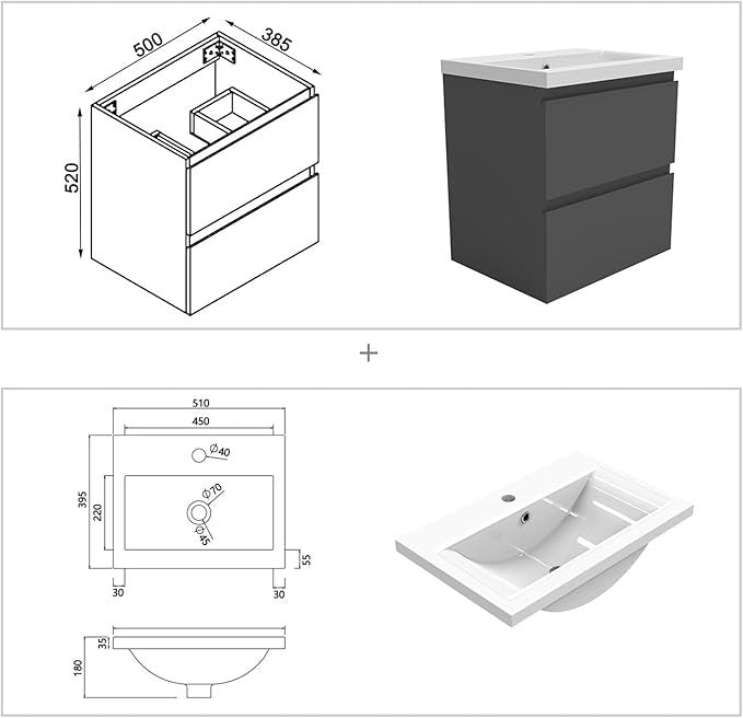 500mm Grey Bathroom Vanity Unit with Basin Sink 2 Drawer Storage Cabint