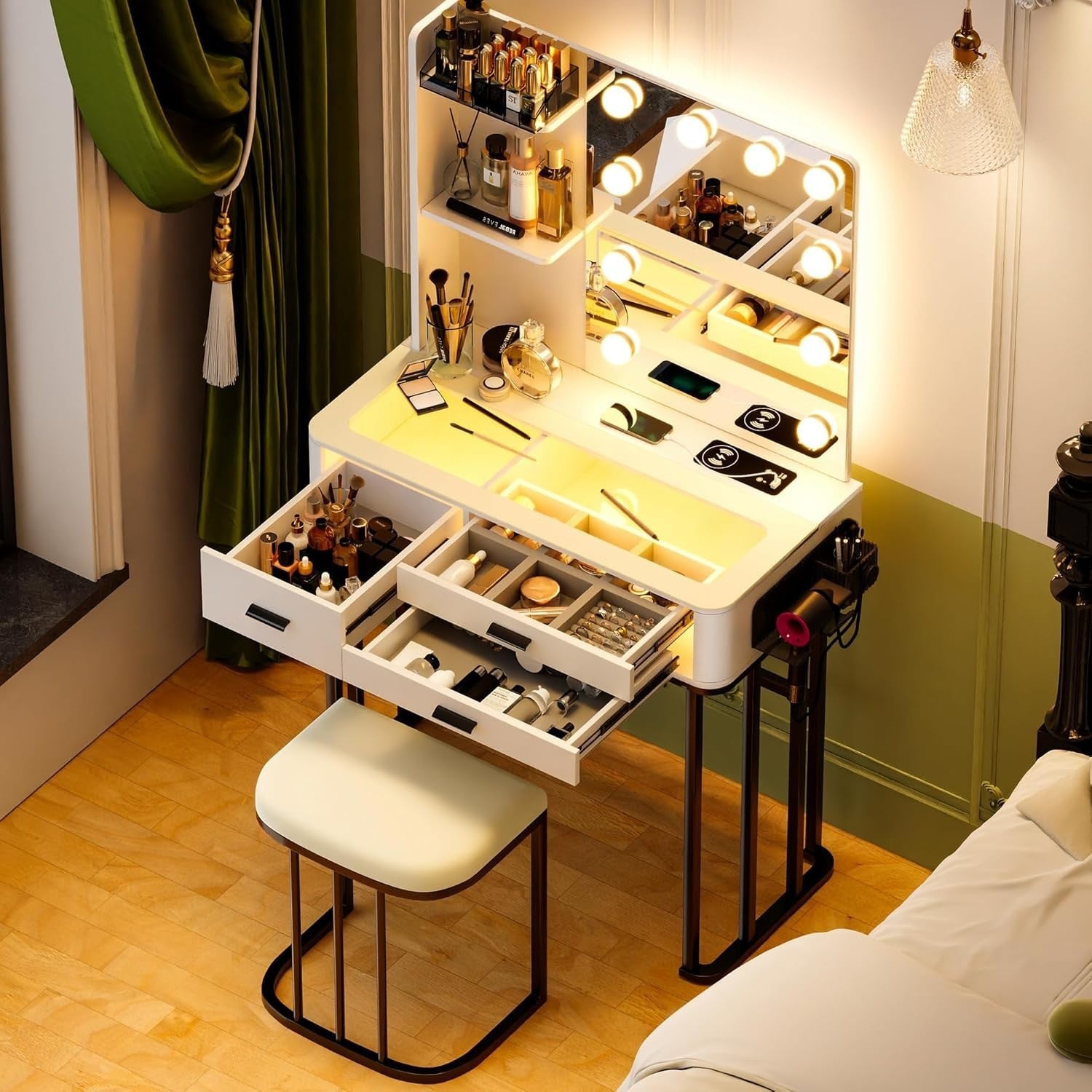 White Vanity Dressing Table LED Light Bulbs Power Strip 2 Drawers Storage Shelve