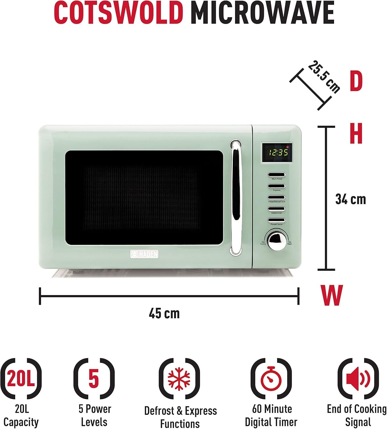 Retro Digital Microwave Oven 20L – Sage Green, 800W Compact