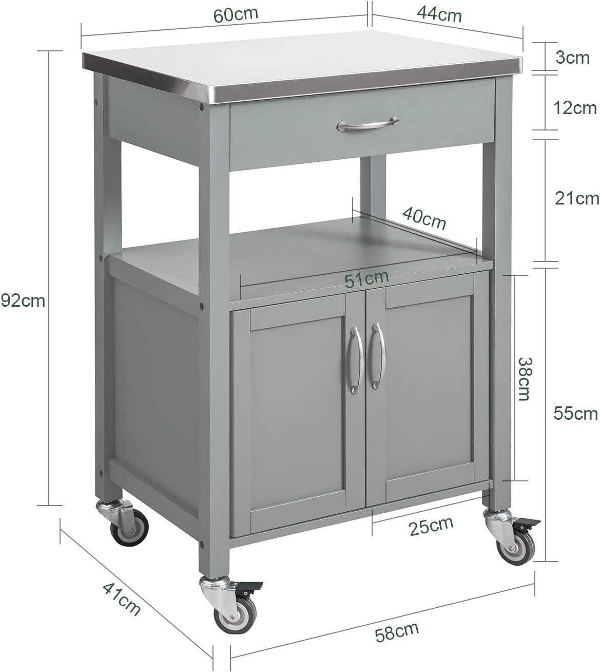Grey Kitchen Trolley on Wheels Storage Cabinet 60x92cm