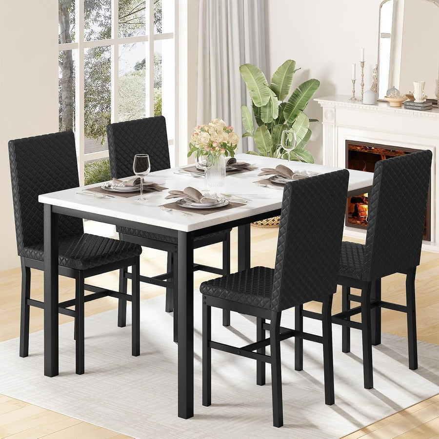 White Faux Marble Dining Table & 4 Black PU Leather Chairs Set for Small Rooms
