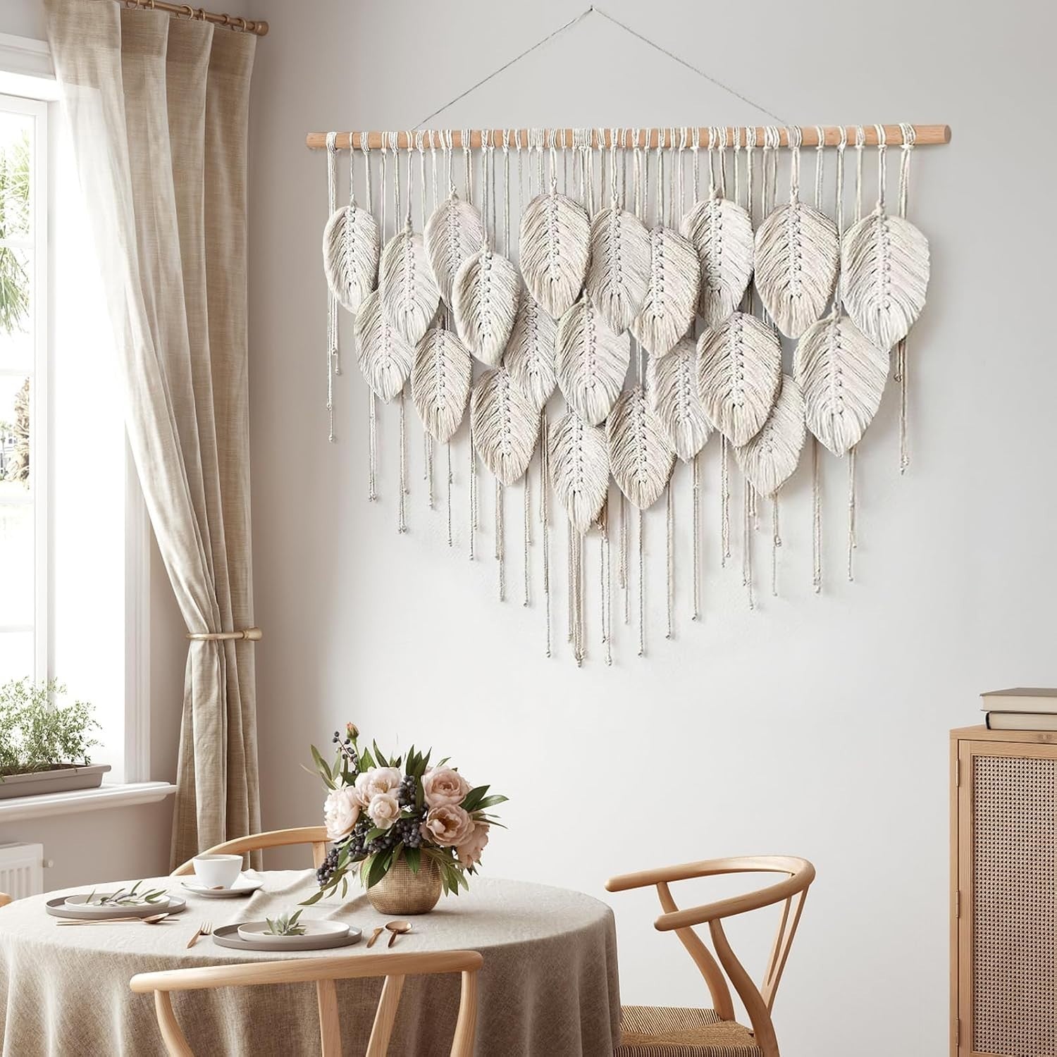 Beige Large Leaf Macrame Wall Hanging 39"x29.5" Boho Decor