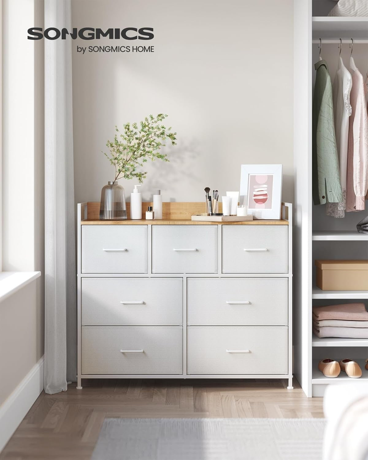 7 Drawer Chest Bedroom Cabinet Storage Unit White Oak Fabric Dresser