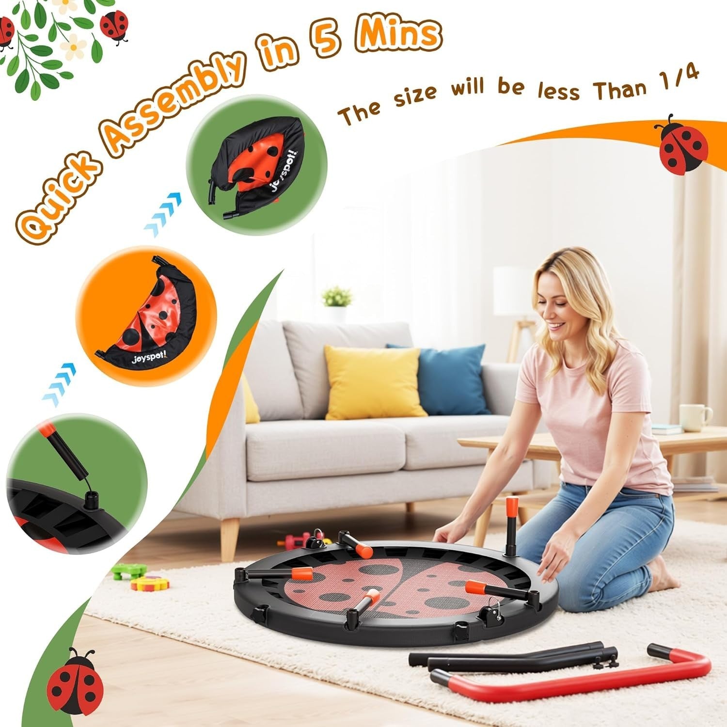 3ft Kids Trampoline Ladybug Foldable Toddler Jumper Handle 100LB