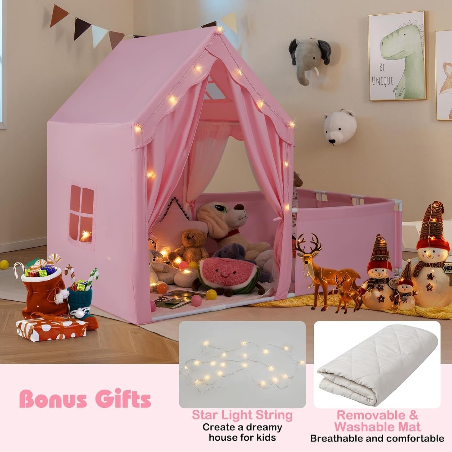 Kids Play Tent Pink Castle with Lights Mat Indoor Toddler Playhouse