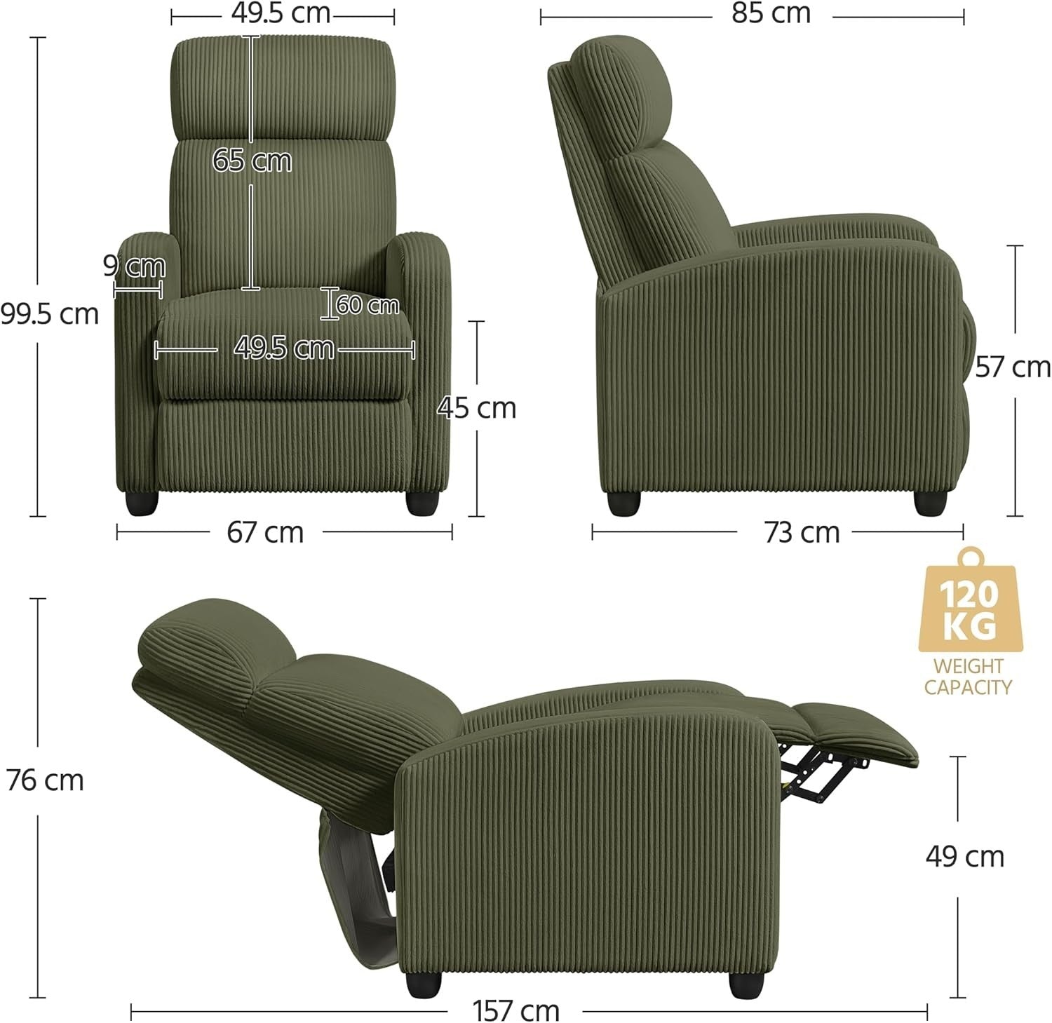 Dark Green Corduroy Recliner Chair Sofa Adjustable Lounge Armchair Home