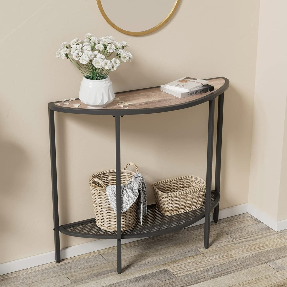 Slim Half Moon Console Table Grey with Shelf, Narrow Entryway Hall Table
