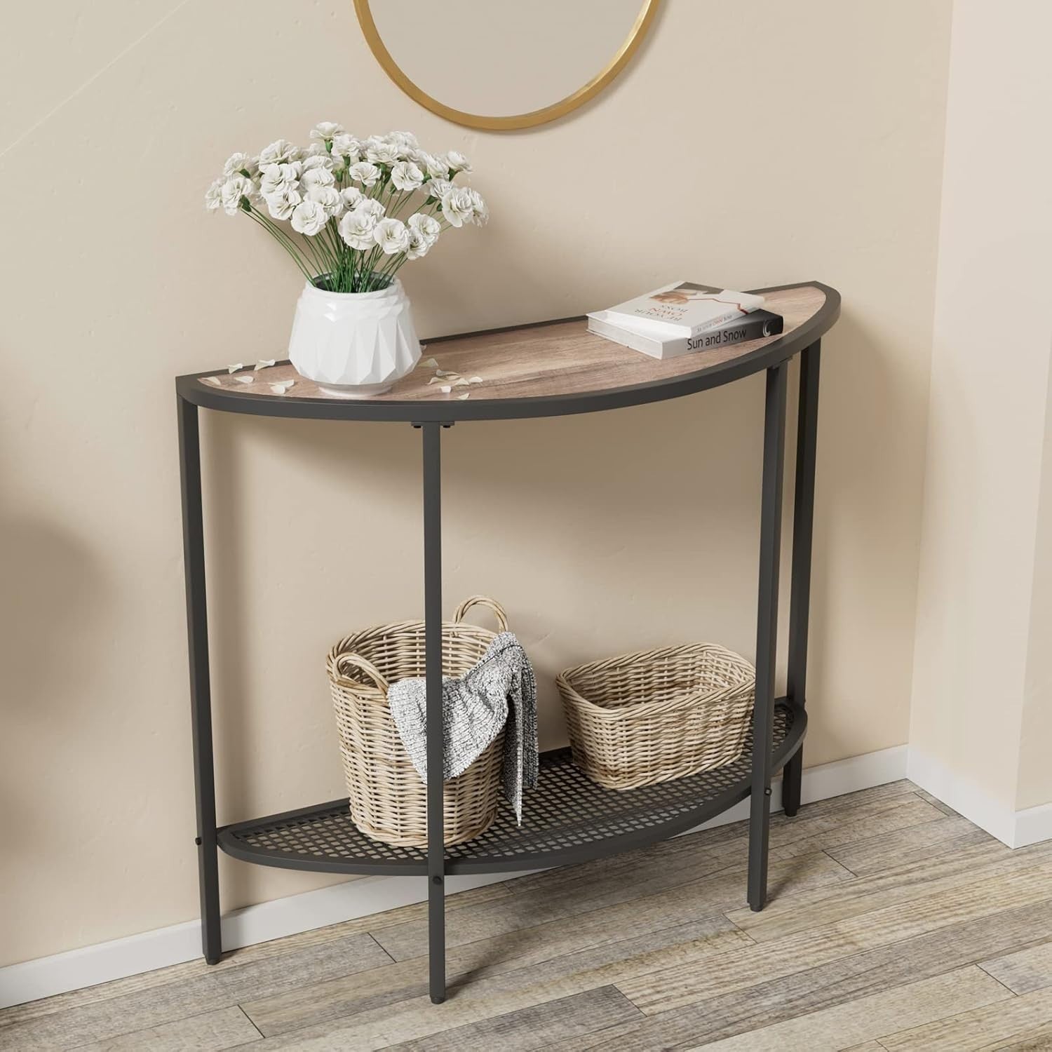 Slim Half Moon Console Table Grey with Shelf, Narrow Entryway Hall Table