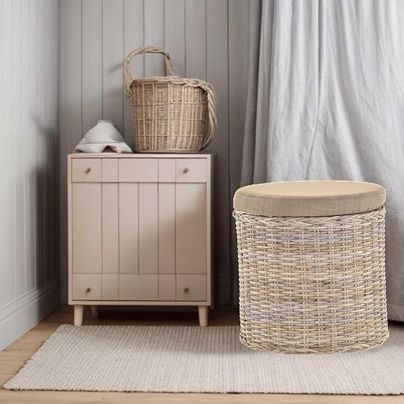 Elegant Round Rattan Laundry Basket with Padded Seat & Lid – Grey Storage Chest