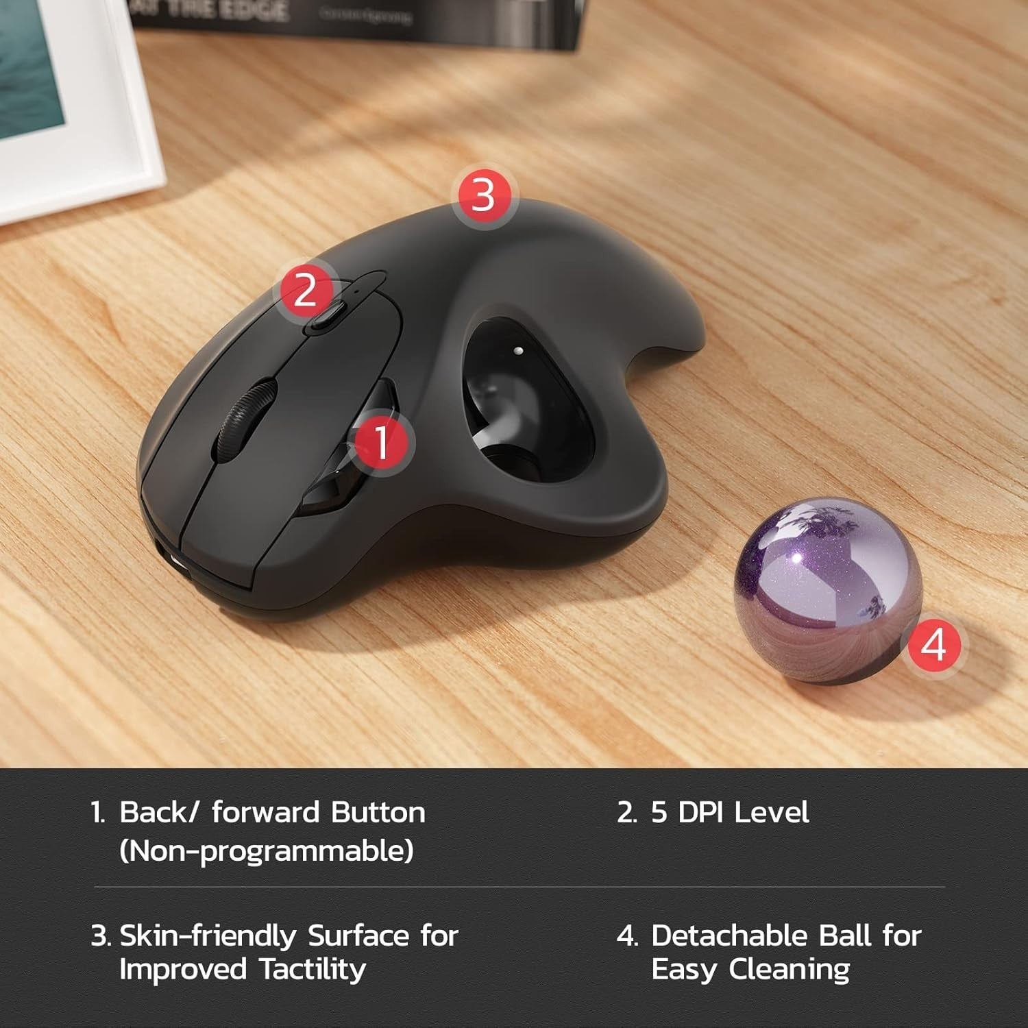 Ergonomic Wireless Trackball Mouse Rechargeable Bluetooth 3-Device PC