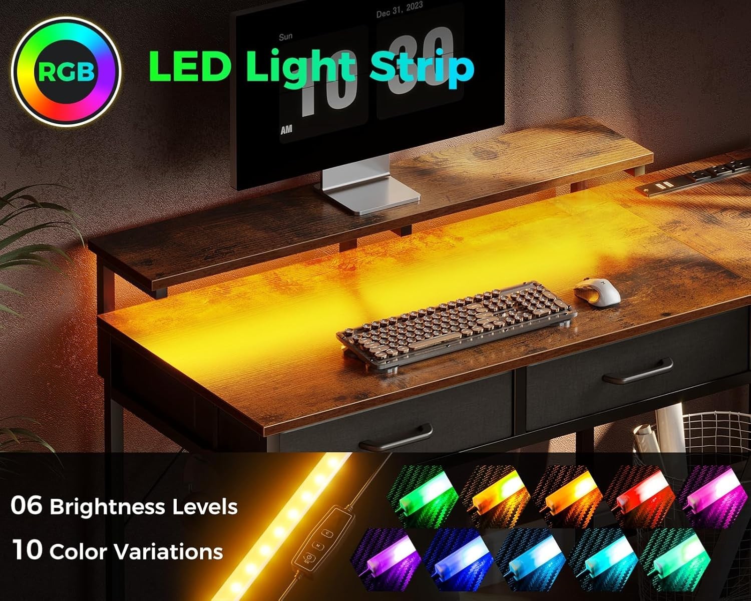 L Shaped 40" Gaming Desk w/ USB Ports, Drawers & LED – Vintage Home Office Table