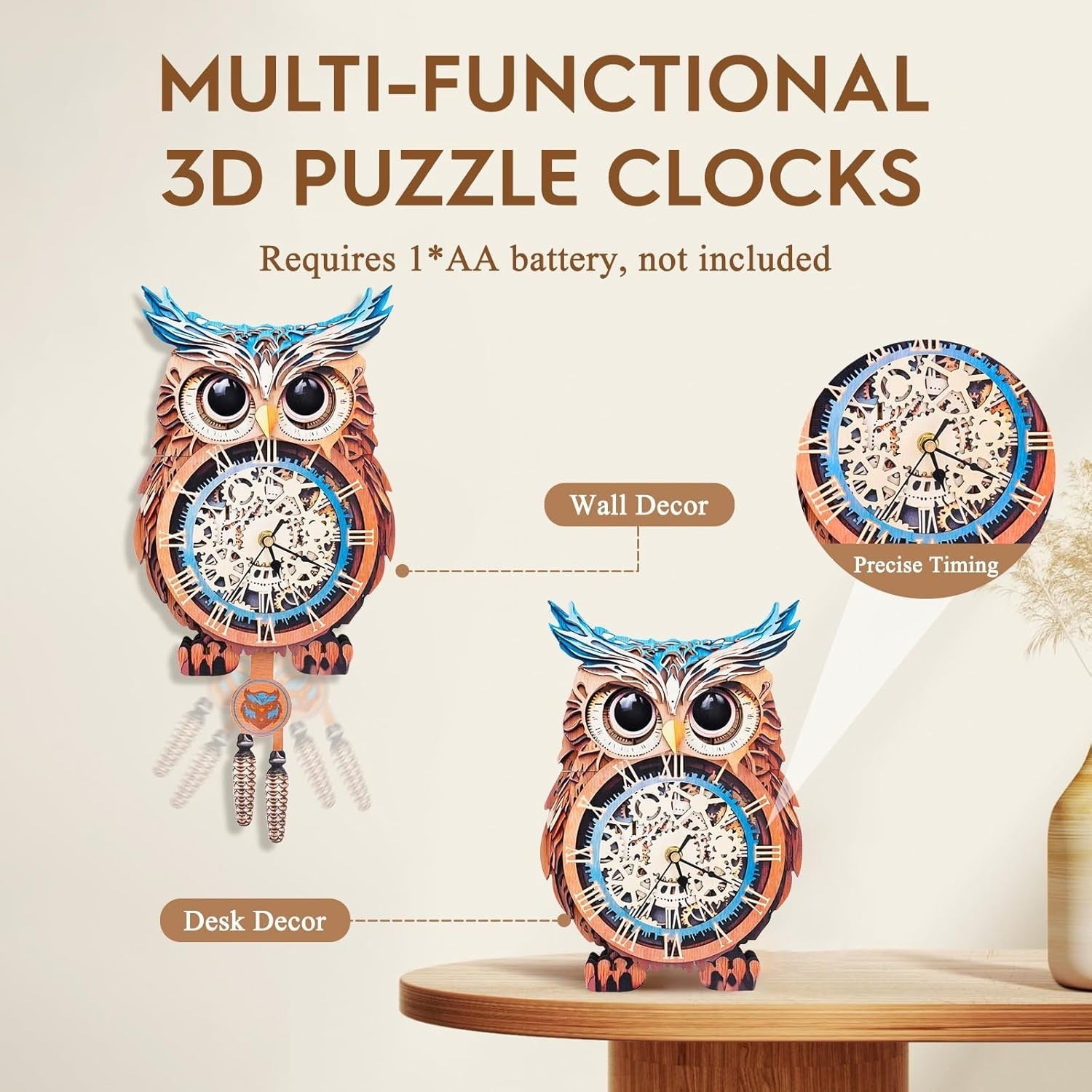 3D Owl Clock Puzzle Wooden Wall Art Timepiece DIY Home Decor Gift