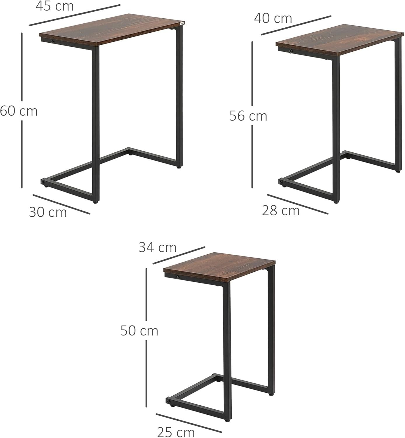 Set of 3 Industrial Nesting Side Coffee Tables C Shaped Sofa End Desk