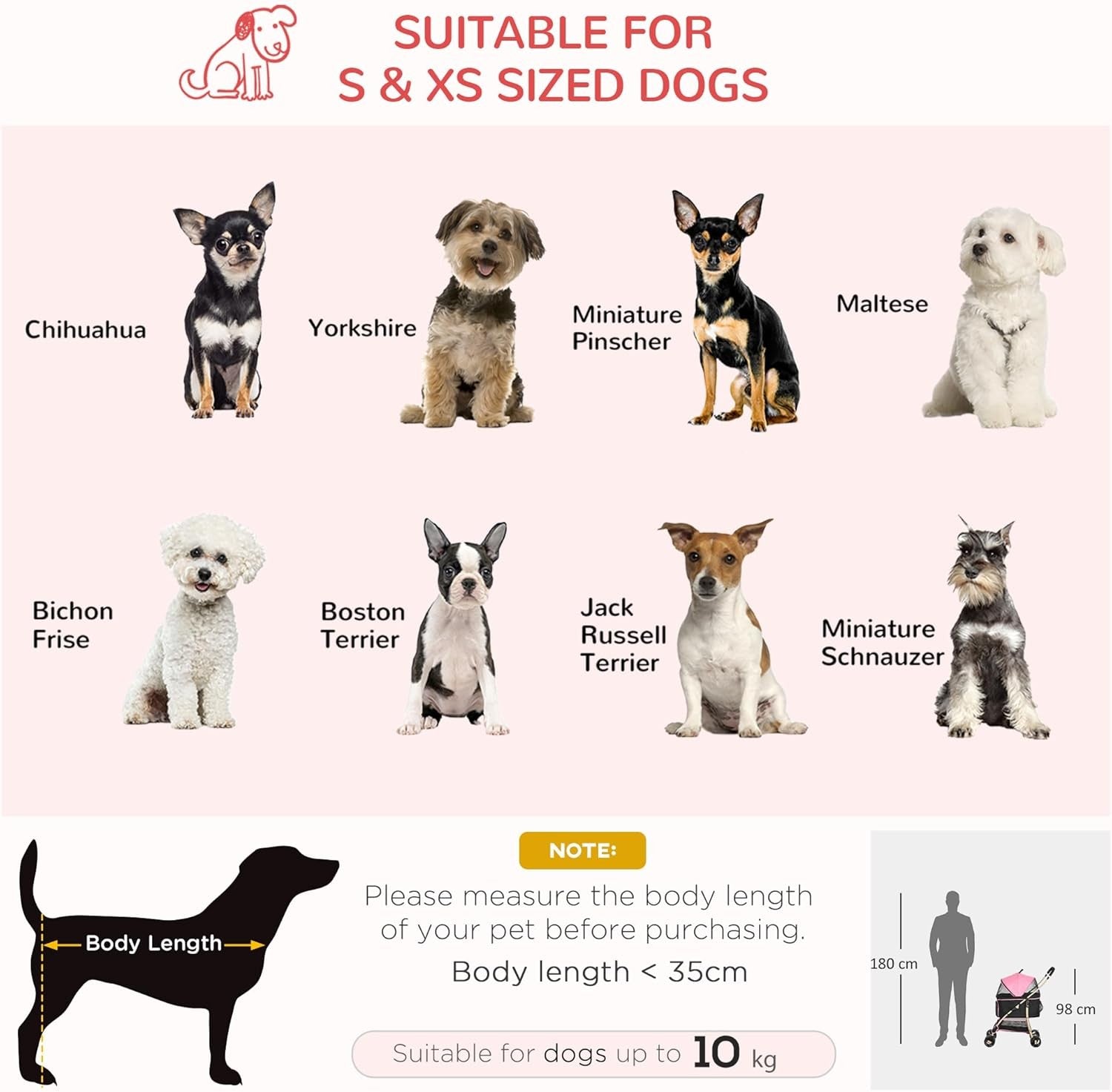 Pet Stroller 3-in-1 Foldable Dog Pushchair Rain Cover Pink Small Dogs