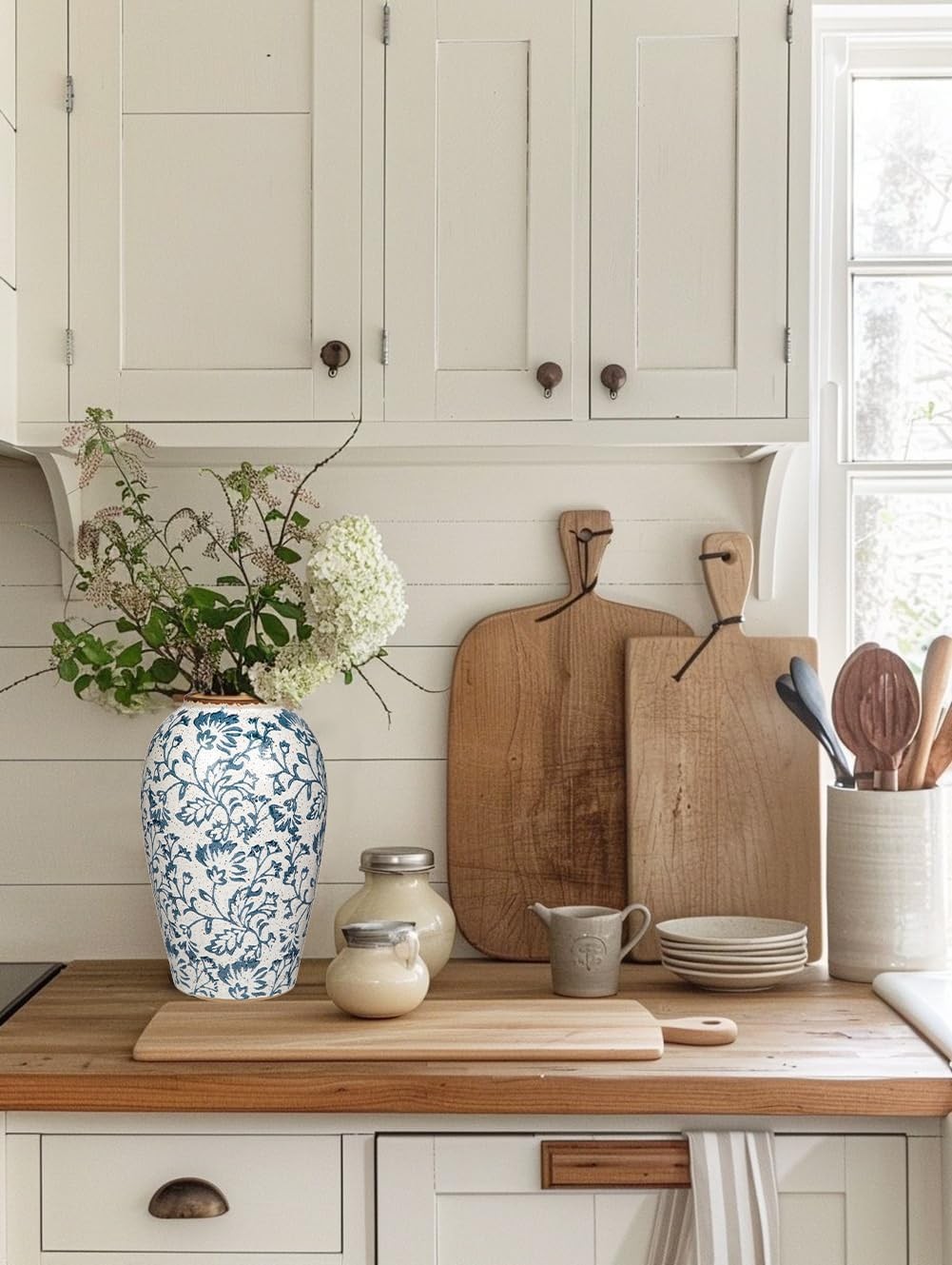 Ceramic Flower Vase Blue White Rustic Farmhouse Decor Table Floor Vase