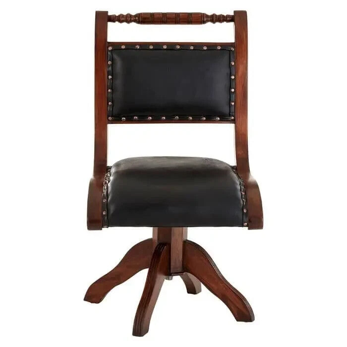 Black Leather Swivel Chair with Teak Frame | Mid-Century Accent Armchair