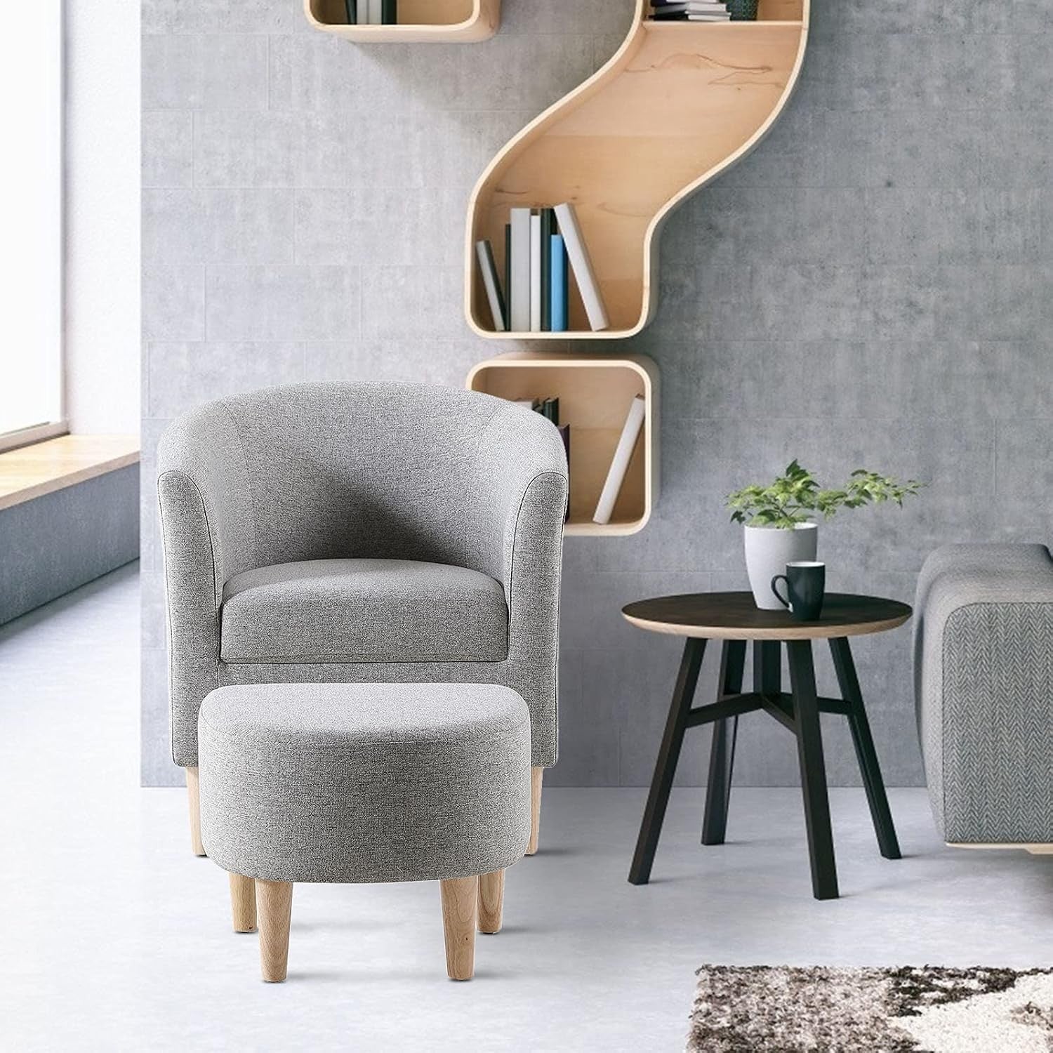 Grey Tub Chair & Footstool Set Linen Accent Armchair Lounge Seat