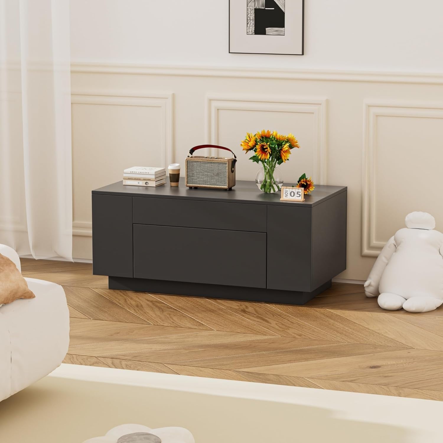 Black Rectangular Coffee Table with Hidden Storage Drawer 98x50cm