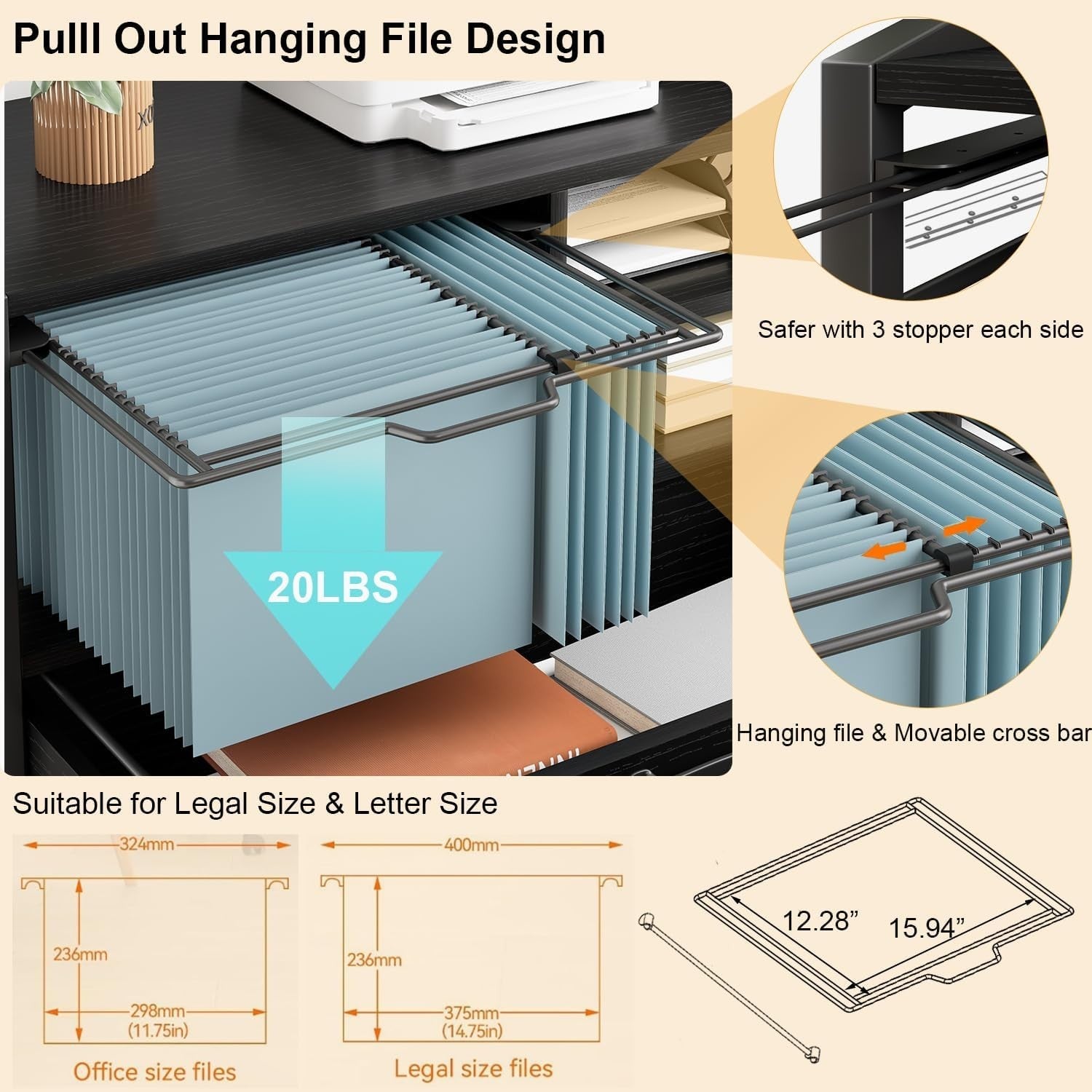 Black Oak Rolling Lateral File Cabinet Printer Stand Legal Letter