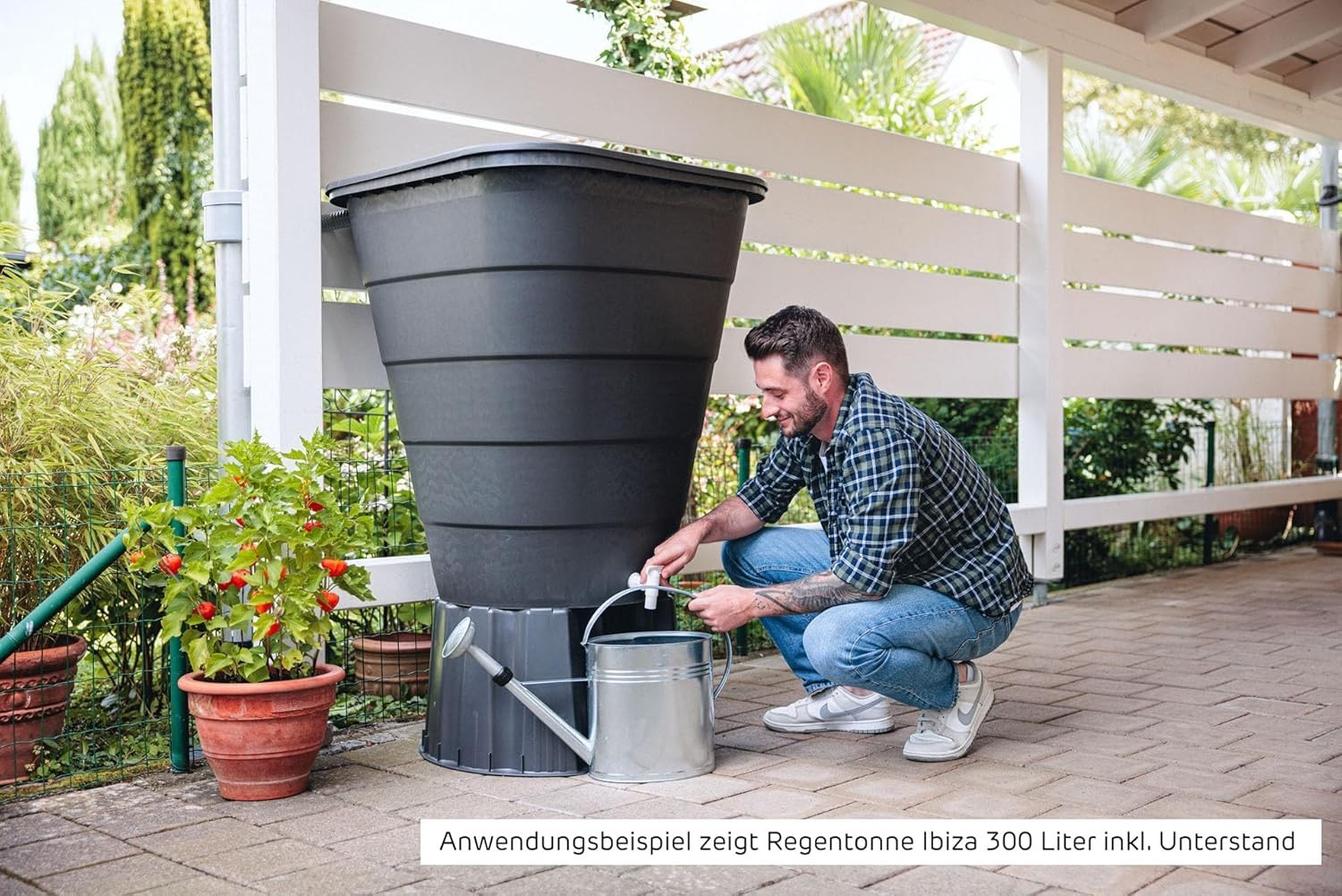 Square Rain Water Butt 300L with Lid & Tap, Corner-Friendly Garden Storage