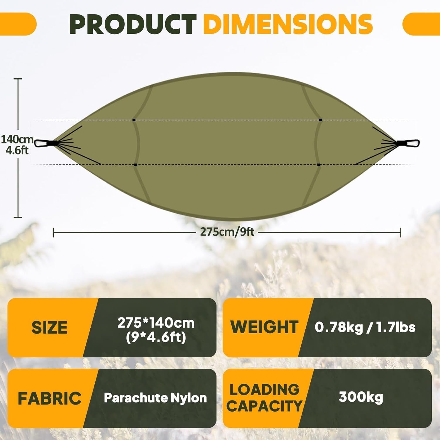 Camping Hammock with Mosquito Net 300kg Load Lightweight Parachute Nylon Outdoor