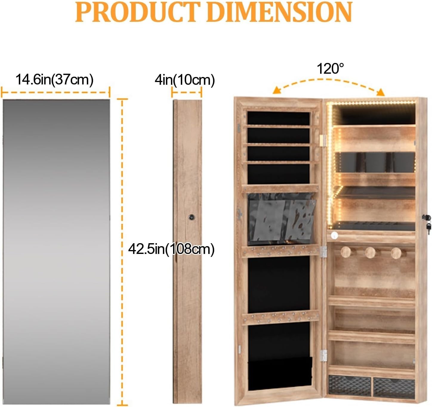LED Full Length Jewelry Mirror Organizer Lockable Storage Armoire