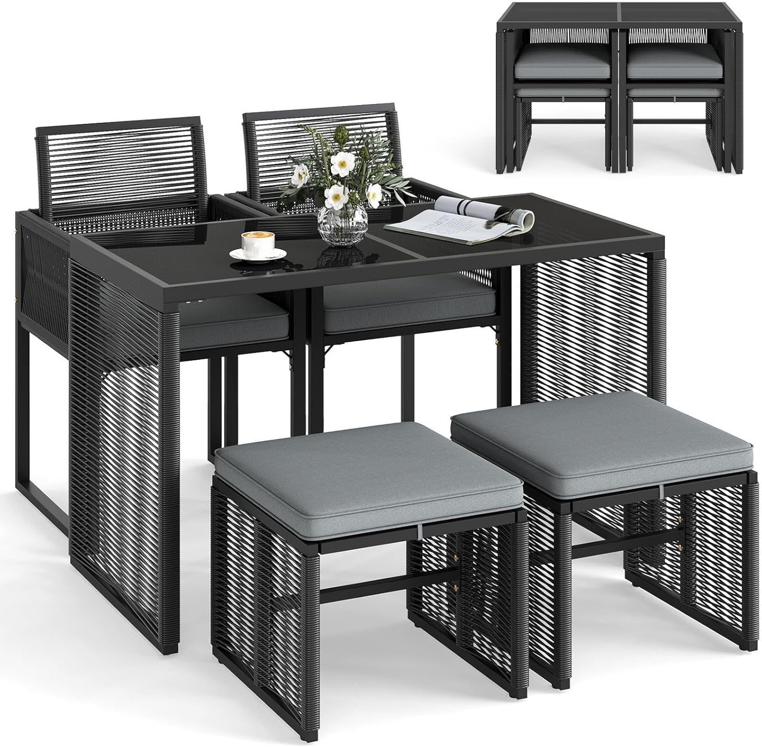 5 Piece Rattan Garden Dining Set Table Chairs Ottomans Cushions Space Saving