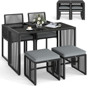 5 Piece Rattan Garden Dining Set Table Chairs Ottomans Cushions Space Saving