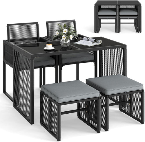 5 Piece Rattan Garden Dining Set Table Chairs Ottomans Cushions Space Saving