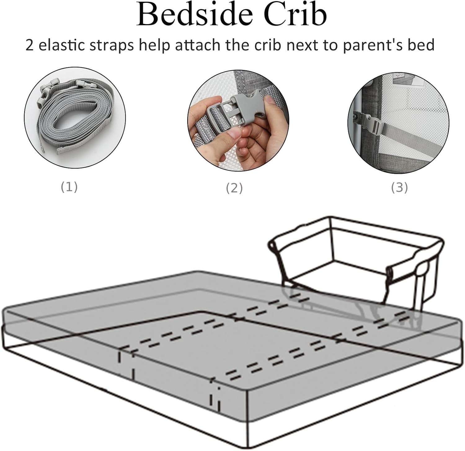 4-in-1 Baby Bedside Crib with Adjustable Height, Mosquito Net & Storage Grey
