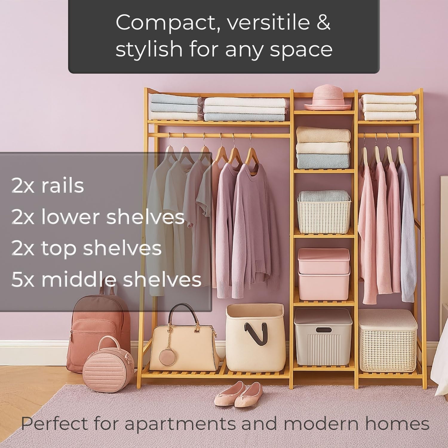 Bamboo Clothes Rack Freestanding Coat Rail with Shelf for Bedroom